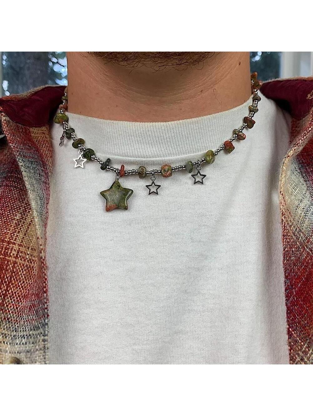Earth Tone Star Rock Silver Beaded Pendant Necklace. Chain is unisex. 18 inches - Picture 3 of 7